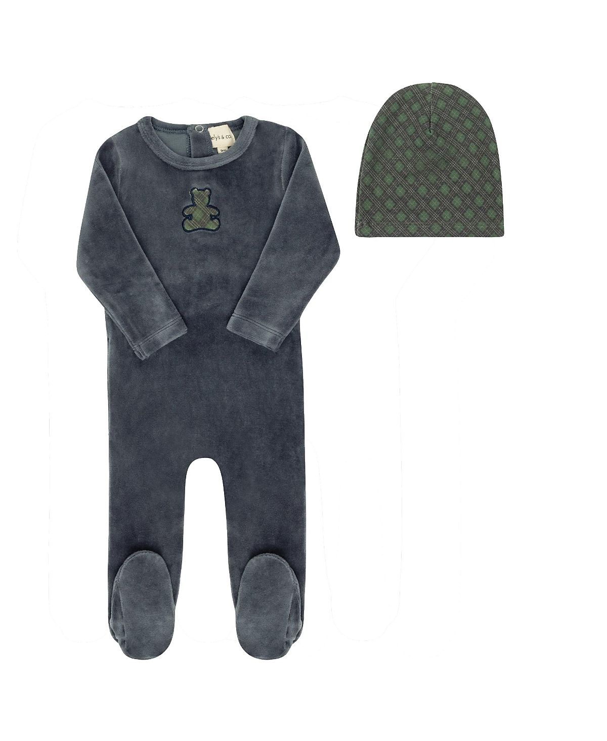 Ely's & Co. Unisex Velour Plaid Bear Collection Footie + Beanie - Baby