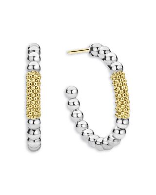 18K Yellow Gold & Sterling Silver Caviar Icon Bar Bead Hoop Earrings