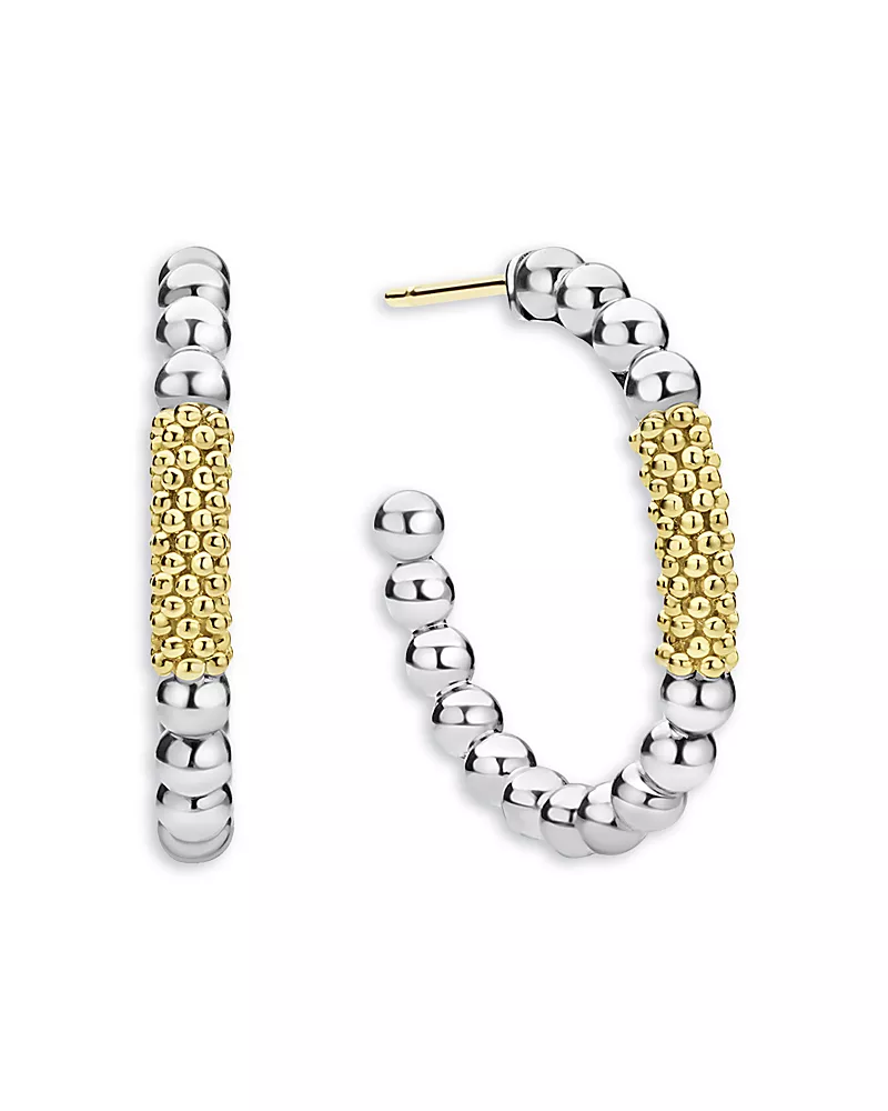 Lagos 18K Yellow Gold & Sterling Silver Caviar Icon Bar Bead Hoop Earrings