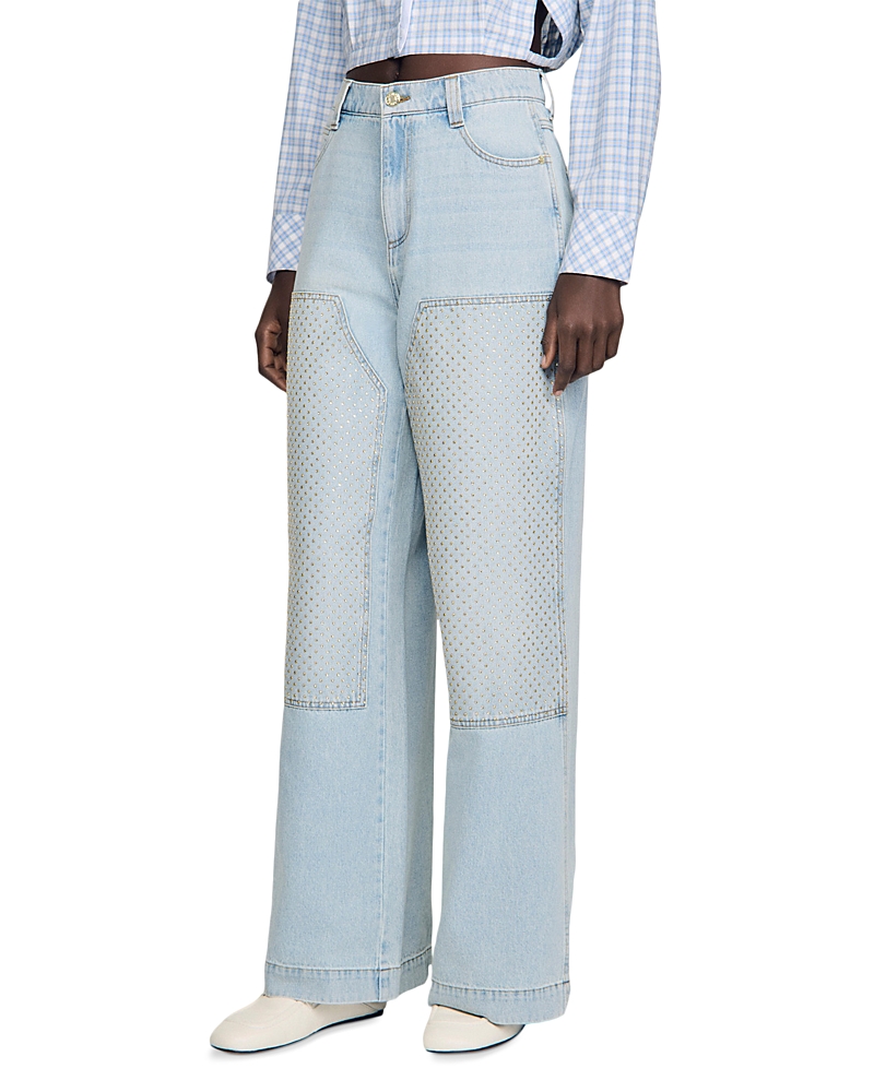 Sandro Landon High Rise Straight Leg Crystal Patch Jeans in Light Blue Jean