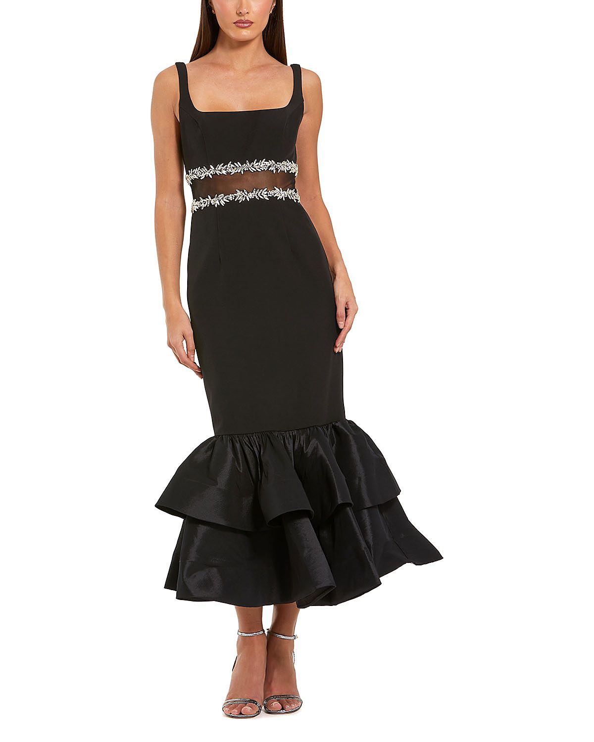 Mac Duggal Petite Crepe Midi Dress with Jewel Detail & Ruffle Hem