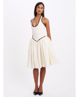  Natalie U Neck Halter Drop Waist Tweed Midi Dress