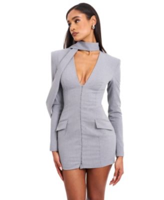  Tahlia Woven Crepe Deep V Pinstripes Blazer Dress