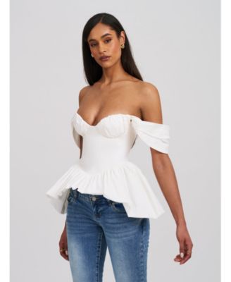  Qistina Off-Shoulder Bubble Hem Peplum Cotton Top