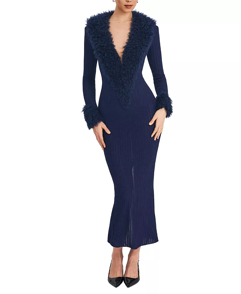 Miss Circle Romina Plunging Faux Fur Trimmed Crochet Maxi Dress