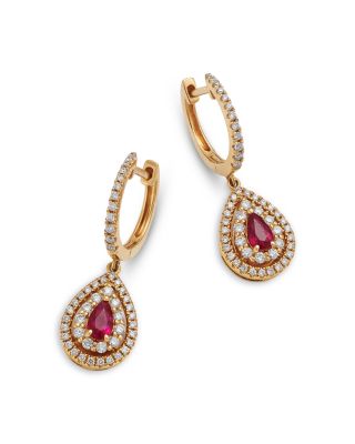 Ruby & Diamond Dangle Hoop Drop Earrings in 14K Yellow Gold