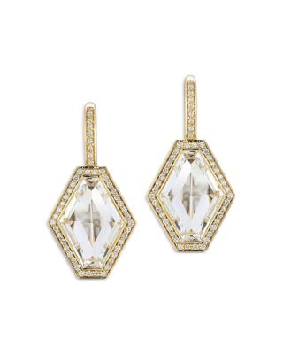 18K Yellow Gold Bell Diamond & Rock Crystal Hexagon Earrings