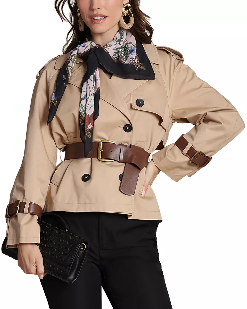 Avec Les Filles Short Trench Jacket with Leather Belt