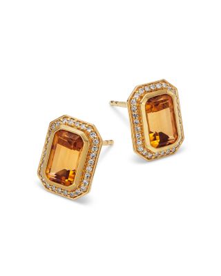 Citrine & Diamond Halo Stud Earrings in 14K Yellow Gold