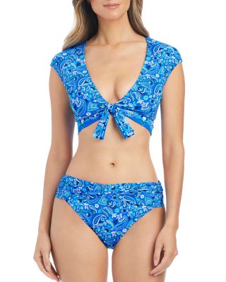 Tie Front Cap Sleeve Swim Top