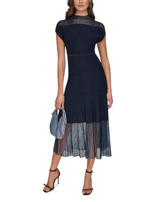 Sheer Panel Mock Neck Midi Sweater Dress