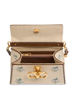 Small VLogo Floral Embroidered Linen Handbag
