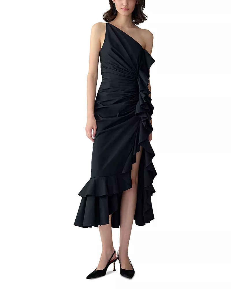Carolina Herrera One Shoulder Ruched Midi Dress