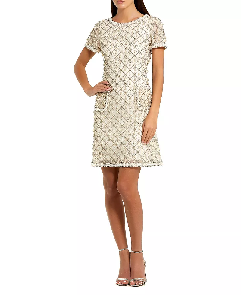 Mac Duggal Short Sleeve Embellished Crepe Midi Dress