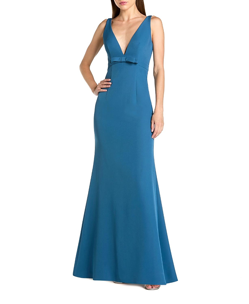 Mac Duggal Crepe Sleeveless V Neck Mermaid Gown with Bow