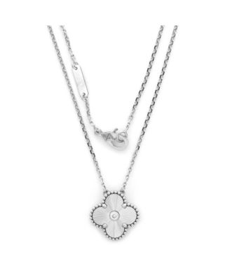  Vintage Alhambra Pendant Necklace Guilloche 18K White Gold with Diamond, 16.25"