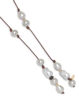 Riya Imitation Pearl Leather Cord Wrap Necklace, 52" 