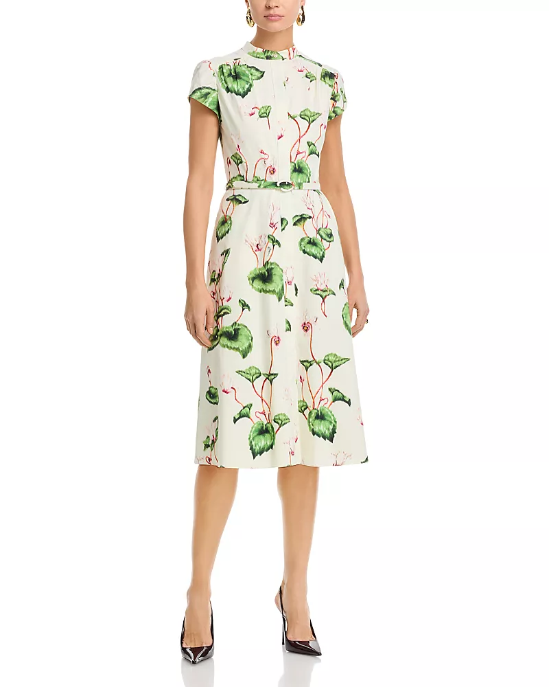 Oscar de la Renta Cap Sleeve Chine Cyclamen Poplin Day Dress