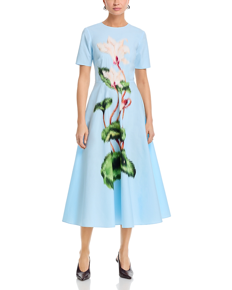Oscar de la Renta Short Sleeve Chine Cyclamen Poplin Day Dress