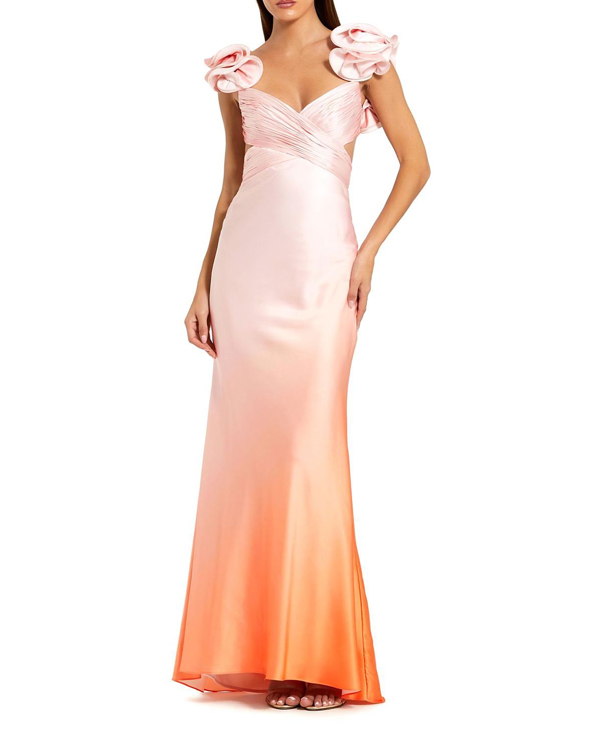 Mac Duggal Charmeuse Ruffle Strap Crossover Ombre Gown
