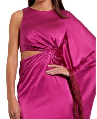  Charmeuse Kaftan Sleeve Assymetrical Fringe Gown