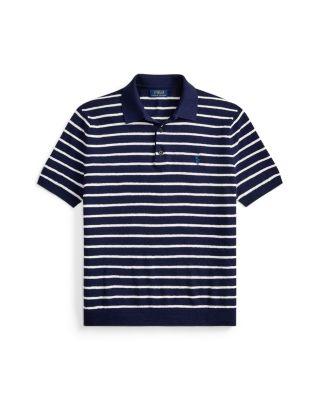 Striped Cotton Linen Polo Collar Sweater