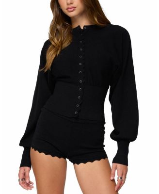 Maizy Puff Sleeve Scalloped Knit Cardigan