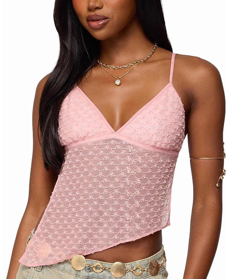 Edikted Beaded Mesh Asymmetric Backless Top