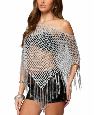 Evette Fringe Open Knit Metallic Poncho