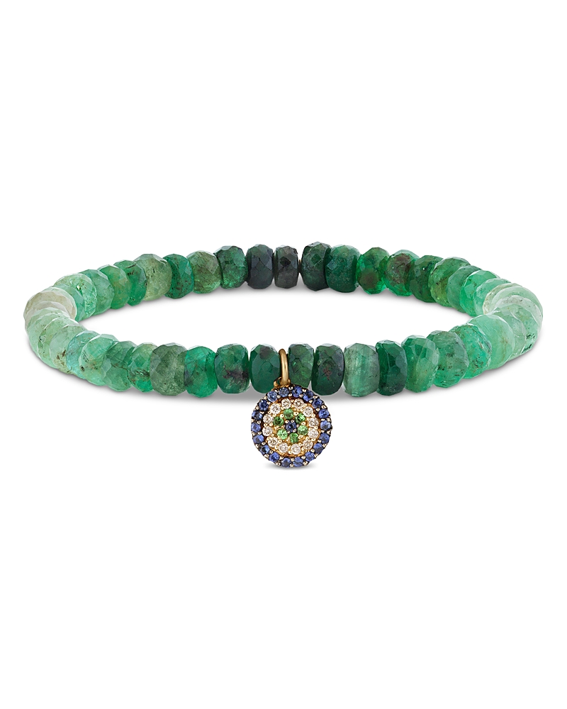 Sydney Evan 14K Yellow Gold The Terra Emerald Ombre Rondelle & Multi Stone Protective Eye Charm Bead Bracelet