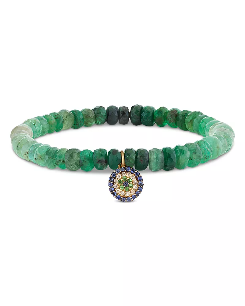 Sydney Evan 14K Yellow Gold The Terra Emerald Ombre Rondelle & Multi Stone Protective Eye Charm Bead Bracelet