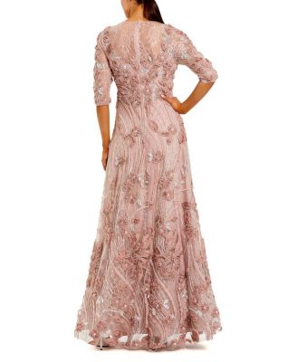  Petite 3/4 Sleeve High Neck Embroidered A Line Gown
