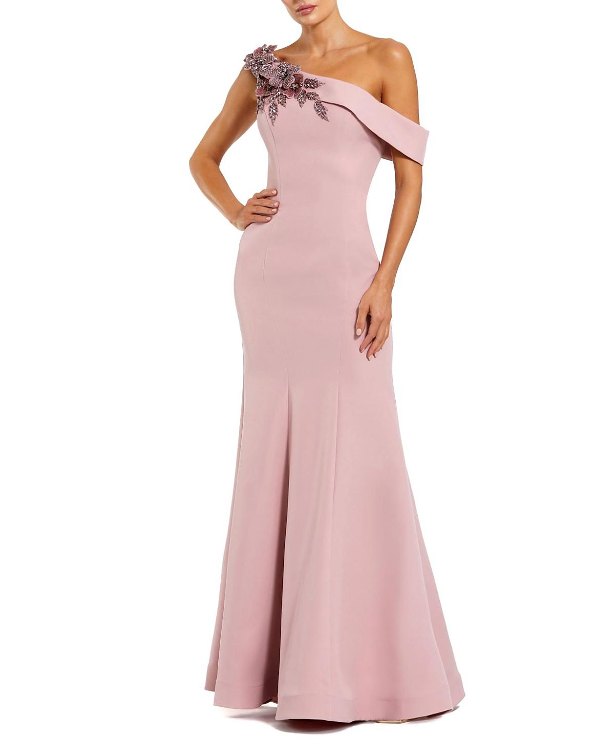 Mac Duggal Crepe Floral Beaded Off The Shoulder Mermaid Gown