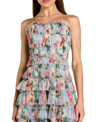  Ruffle Mesh Strapless Midi Dress