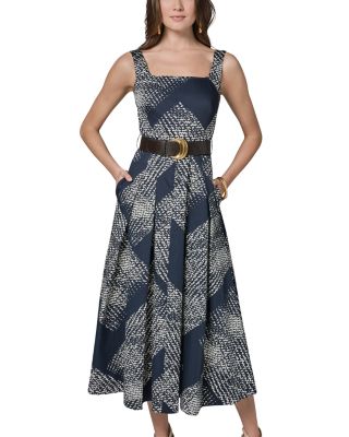 Printed Square Neck Belted Midi Dress