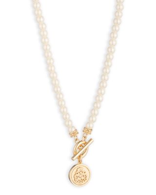 Imitation Pearl Coin Pendant Necklace, 16"