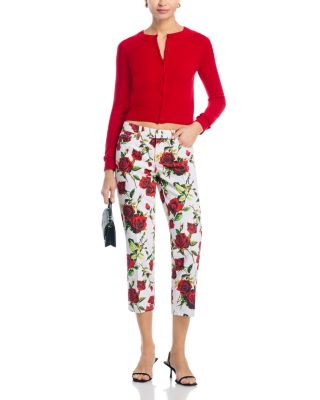 Blaine Low Rise Crop Stovepipe Jeans in White/Red Romantic Rose