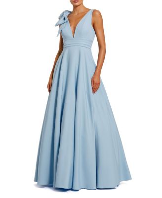  Petite Sleeveless Plunge Neck Ball Gown with Bow Detail