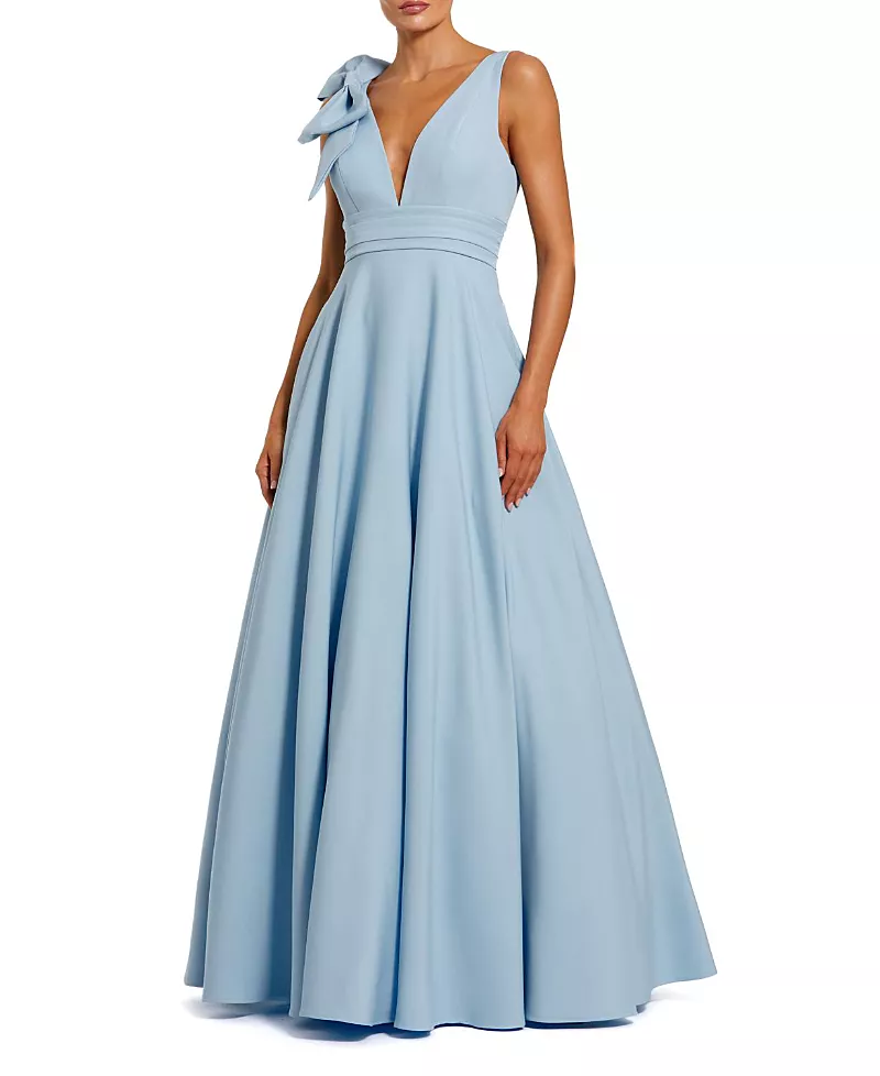 Mac Duggal Petite Sleeveless Plunge Neck Ball Gown with Bow Detail