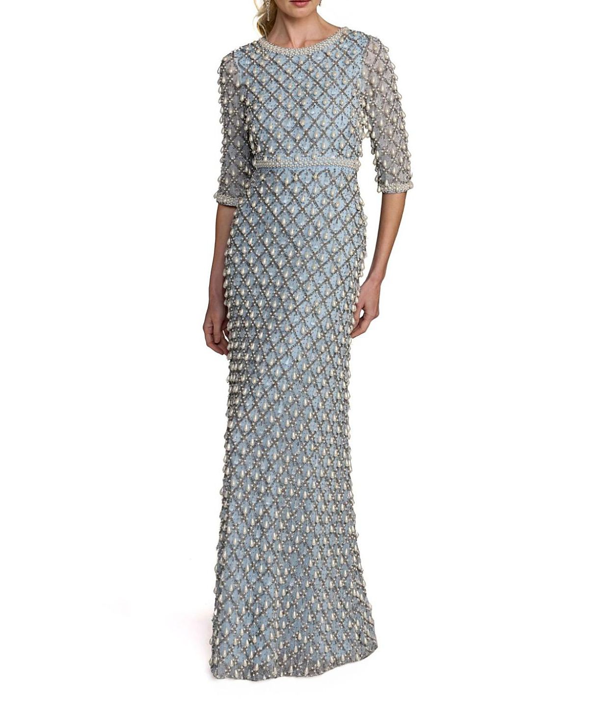 Mac Duggal 3/4 Sleeve Pearl Embellished Mesh Gown