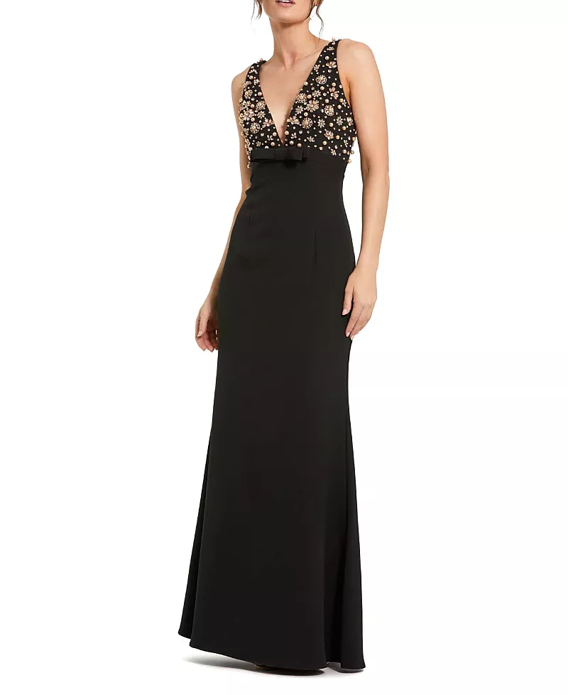 Mac Duggal Petite Crepe Sleeveless Beaded V-Neck Gown with Bow