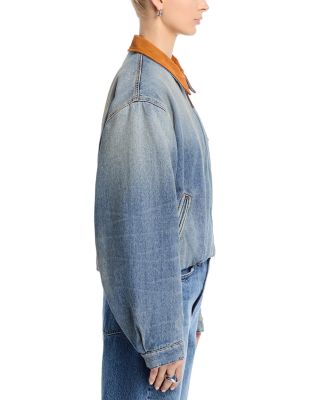Leather Collar Denim Bomber Jacket