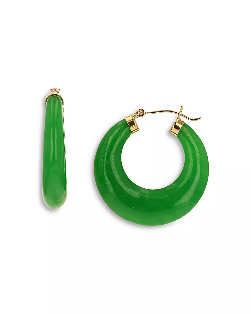 Moon & Meadow 14K Yellow Gold Fancy Carved Jade Hoop Earrings - Exclusive