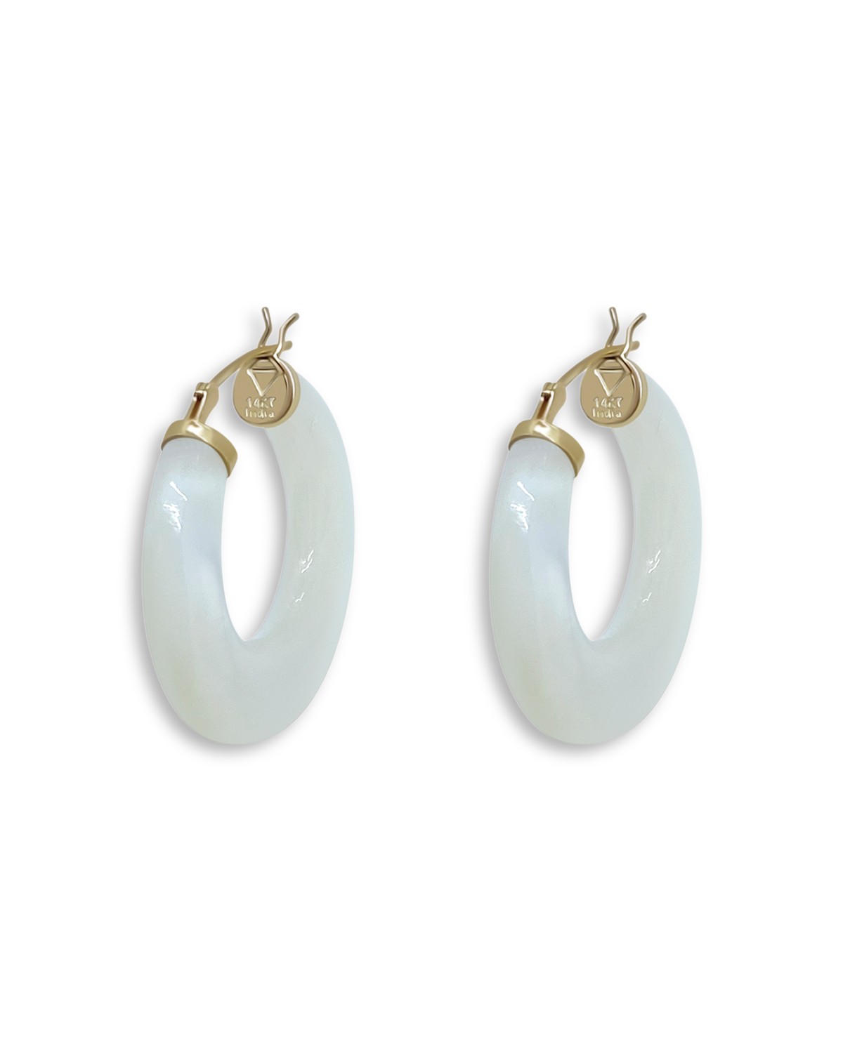 14K Yellow Gold White Mother of Pearl Inlay Hoop Earrings - Exclusive