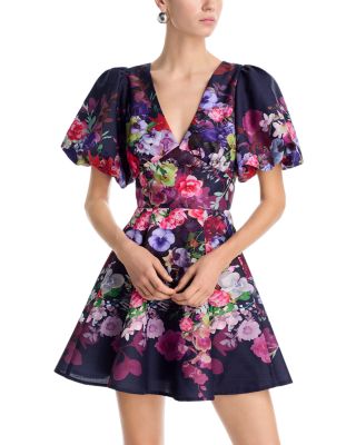 Placed Floral V Neck Mini Dress - Exclusive