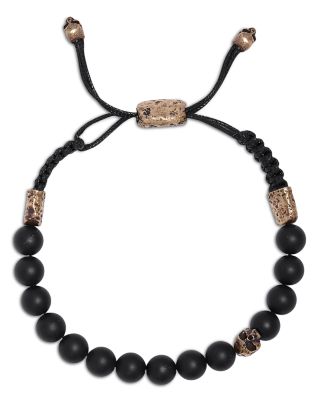Men's Brass Skull Onyx Bead Cord Slider Bracelet