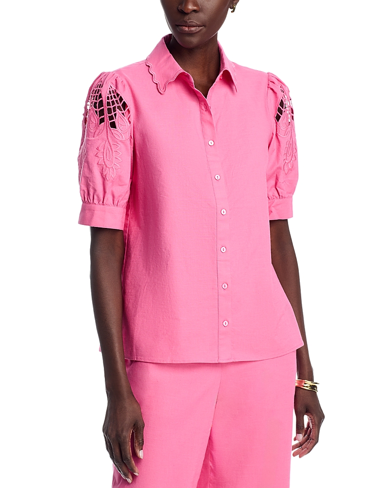T Tahari Embroidered Sleeve Button Down Blouse