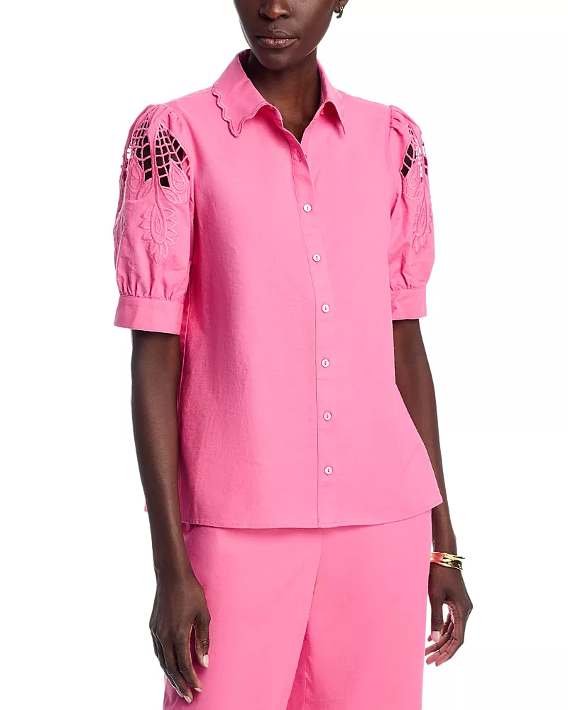 T Tahari Embroidered Sleeve Button Down Blouse