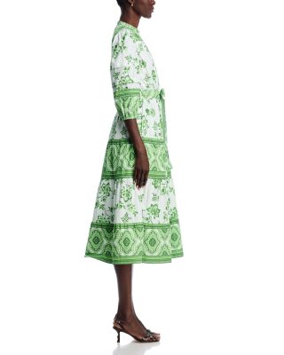 Three Quarter Sleeve Split Neck Printed Midi Dress