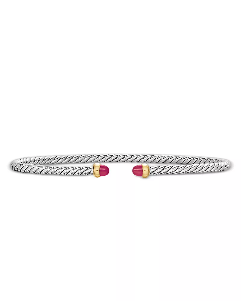 Micro Cable Flex Bracelet in Sterling Silver with 14K Yellow Gold and Rubies